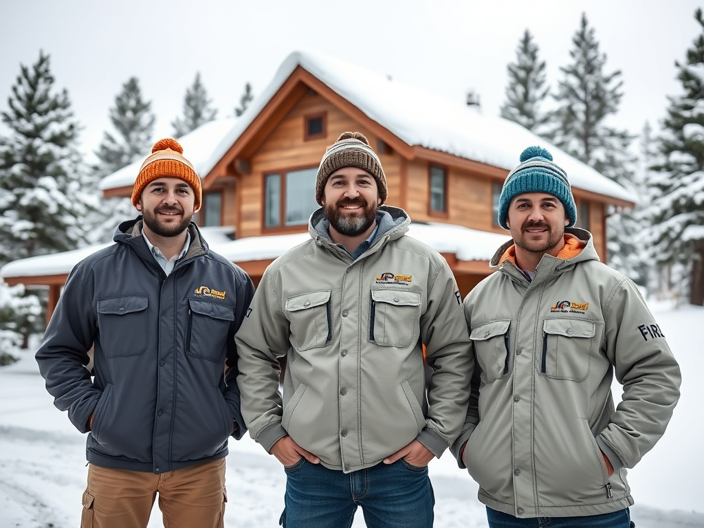 Spray foam insulation crew standing in front of a home with ponderosa pines and snow in the background near Flagstaff, Arizona