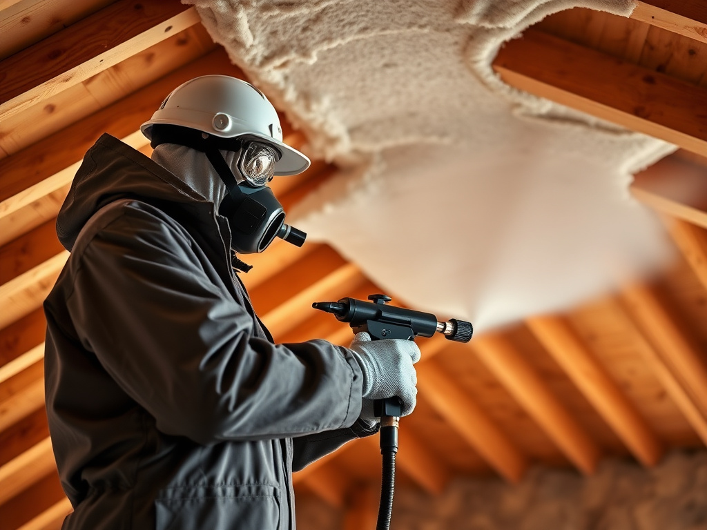 Technician spray-applying closed-cell spray foam insulation to a roof deck in a Flagstaff, Arizona attic with snow visible outside the window