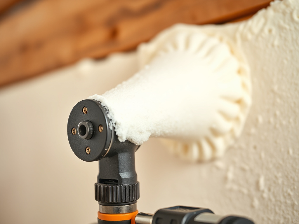 Close-up of a spray foam insulation gun applying cured foam texture
