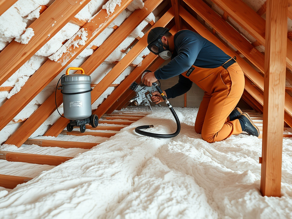Technician spraying foam insulation onto an attic roof deck